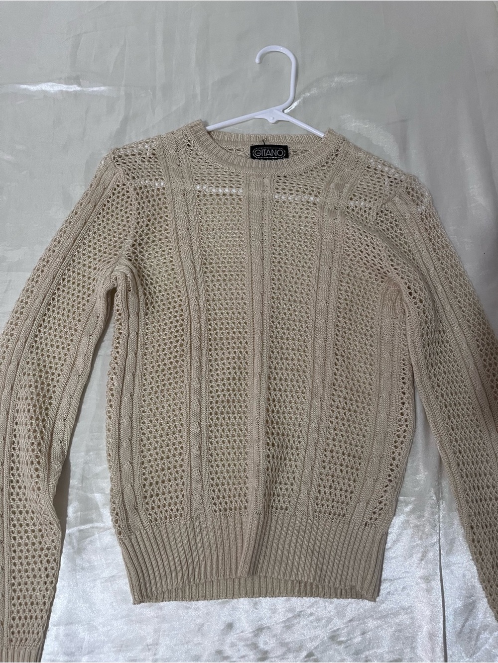 Gitano Beige Openwork Cable Crewneck Sweater
